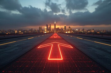 LED arrows, futuristic road, digital sidewalk, glowing arrows, raised arrows, directional travel, above ground, distant cityscape, future city, sci-fi architecture, holographic towers, neon lights, ci
