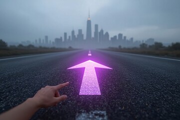 LED arrows, futuristic road, digital sidewalk, glowing arrows, raised arrows, directional travel, above ground, distant cityscape, future city, sci-fi architecture, holographic towers, neon lights, ci