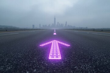 LED arrows, futuristic road, digital sidewalk, glowing arrows, raised arrows, directional travel, above ground, distant cityscape, future city, sci-fi architecture, holographic towers, neon lights, ci