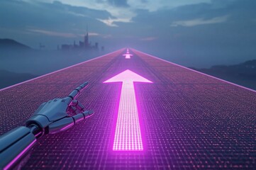 LED arrows, futuristic road, digital sidewalk, glowing arrows, raised arrows, directional travel, above ground, distant cityscape, future city, sci-fi architecture, holographic towers, neon lights, ci