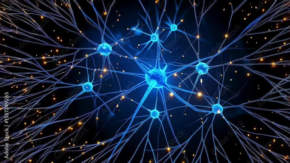 Poster blue neuron cells and neural network connections conveying electrical signals in the brain on dark b