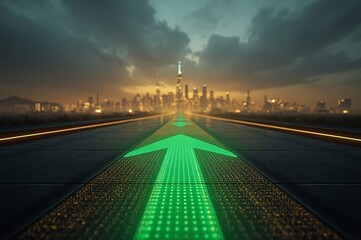 LED arrows, futuristic road, digital sidewalk, glowing arrows, raised arrows, directional travel, above ground, distant cityscape, future city, sci-fi architecture, holographic towers, neon lights, ci
