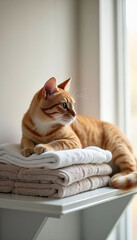 Naklejka premium Orange cat resting on neatly folded towels by the window 