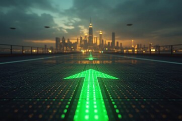 LED arrows, futuristic road, digital sidewalk, glowing arrows, raised arrows, directional travel, above ground, distant cityscape, future city, sci-fi architecture, holographic towers, neon lights, ci