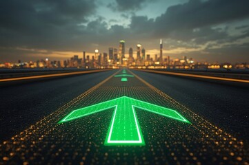 LED arrows, futuristic road, digital sidewalk, glowing arrows, raised arrows, directional travel, above ground, distant cityscape, future city, sci-fi architecture, holographic towers, neon lights, ci
