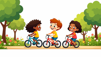 Three happy children riding bicycles in park with flowers and trees – ideal for summer activity and health themes.