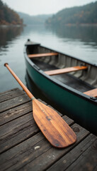 Fototapeta premium Canoe with wooden paddle resting on dock by calm lake in autumn 