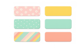 Colorful rectangular labels featuring floral, polka dot, and striped patterns, arranged decoratively against transparent backdrop, showcasing playful design potential