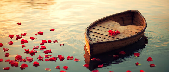 Wooden rowboat floating on water at sunset, filled with red rose petals and a heart-shaped seat. Romantic, symbolic concept suitable for Valentine's, wedding, or love themes.