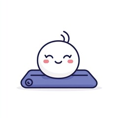 Cute cartoon character with rosy cheeks relaxing on a lavender yoga mat, closed eyes