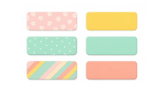 Colorful rectangular labels featuring floral, polka dot, and striped patterns, arranged decoratively against transparent backdrop, showcasing playful design potential