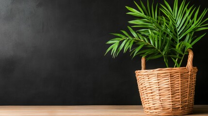 Green plant in wicker basket dark background minimalist design home decor