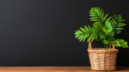 Green houseplant in wicker basket on table against dark wall simple home decor