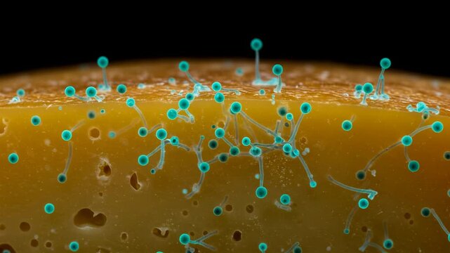 Bioluminescent-style visualization of fungi colonizing cheese rind, with glowing spores and hyphae spreading in network patterns