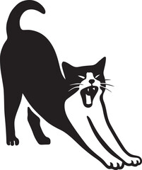 Cat stretching and yawning silhouette black, Relaxed feline pose black and white