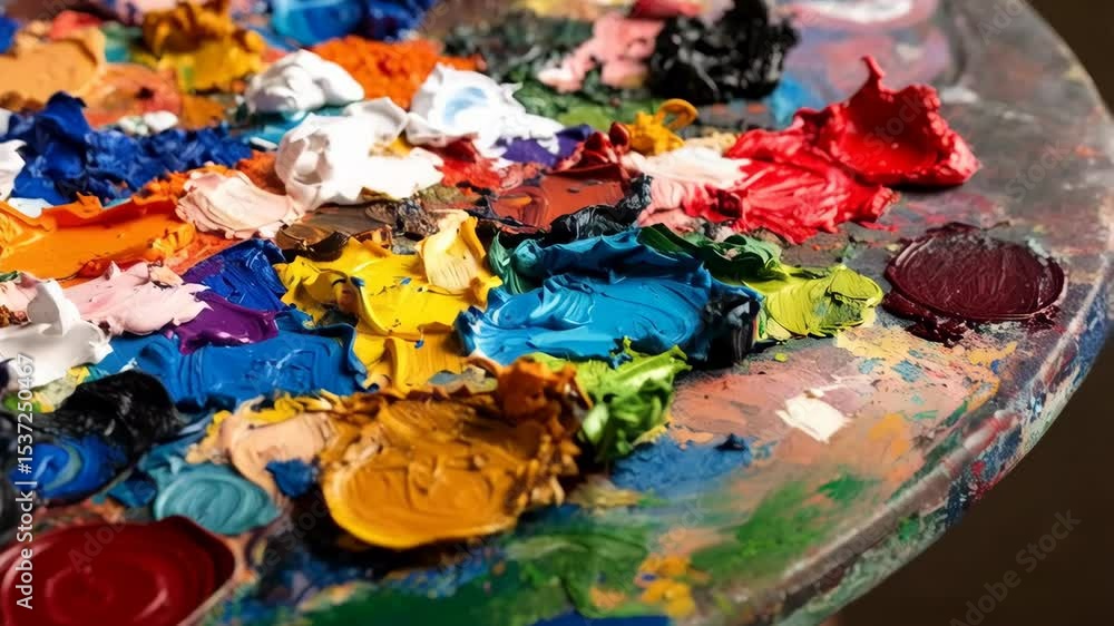 Poster close-up of artist's paint palette with vibrant colors and various textures, showing artistic expres