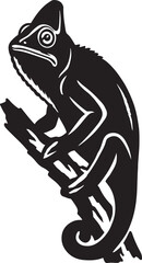 Chameleon perched on branch silhouette vector, Reptile animal art black white sketch