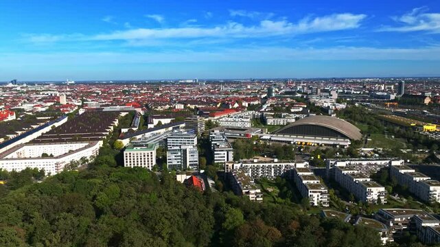 Aerial drone view of Neuhausen-Nymphenburg, a charming residential district in Munich, Germany, featuring historic buildings and leafy streets . 30 September 2024
