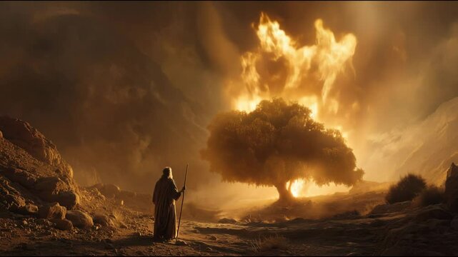 Moses encounters the burning bush in a golden desert landscape during a dramatic biblical moment
