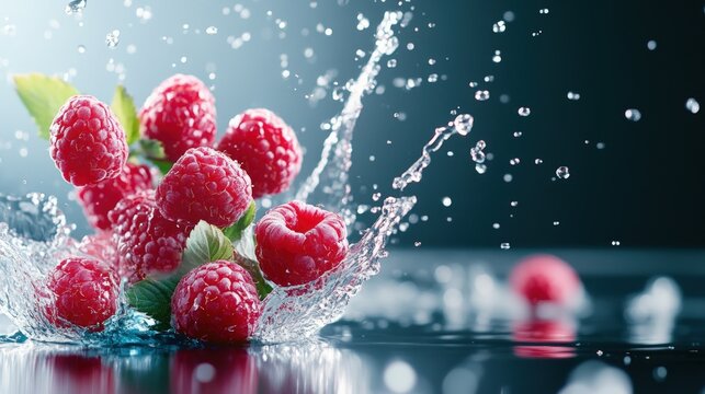 Water splashing red raspberries fresh juicy fruit healthy food photography - Powered by Adobe