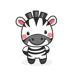 A cute, stylized cartoon zebra with black and white stripes, pink cheeks, stands smiling