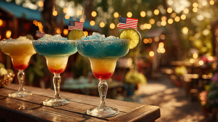 Margarita cocktail. Margarita with ice. Frozen margarita cocktail. Cocktail on the bar at the fair on Independence Day of the USA. Festive festivities at the July 4th fair in the USA. A paper flag of