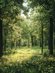 Obraz premium A forest with green trees and flowers in spring, green unspoiled nature concept