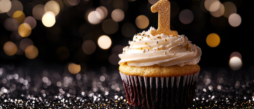 Elegant cupcake with a golden number one "1" topper, set against a sparkling black bokeh background. Perfect for the first day of Christmas advent calendar