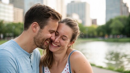 Fototapeta premium Affectionate Couple Embracing in City Park Moments of Love and Connection