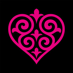Pink ornamental heart on black background. Traditional ethnic swirl pattern, symmetrical and decorative, ideal for design, print, and cultural art projects.
