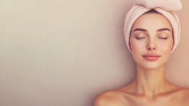 Relaxing woman with a towel on her head enjoying a spa moment in soft light