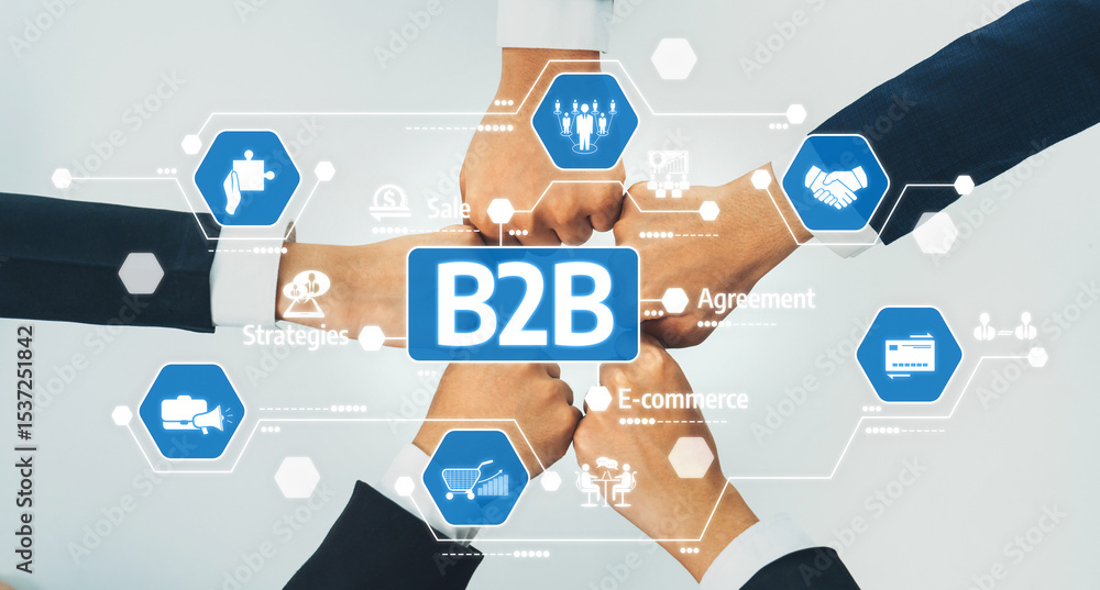 Poster hands join together to form a symbol of collaboration in a business to business context, highlightin
