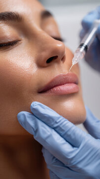 Closeup of Botox treatment on woman's face in beauty salon with focus on syringe and skilled hands. concept cosmetology, hyaluronic acid for lip augmentation, lip shape correction