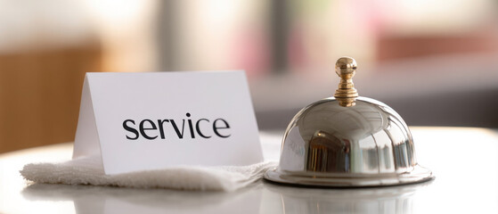 Close-up view of a hotel service bell with a card saying service, featuring a minimalist design on a table in a hospitality setting