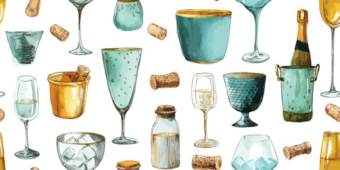 Festive Champagne Bottles, Ice Buckets Watercolor Seamless Pattern. Celebration Drink Party Design for textile, packaging, fabric, wallpaper, branding, stationery, wrapping paper interior decor.