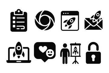 Flat solid style icons for pre-launch stage including launch checklist, go-live switch, landing page, beta invite, launch teaser, user feedback, final pitch, and early access icons for project managem