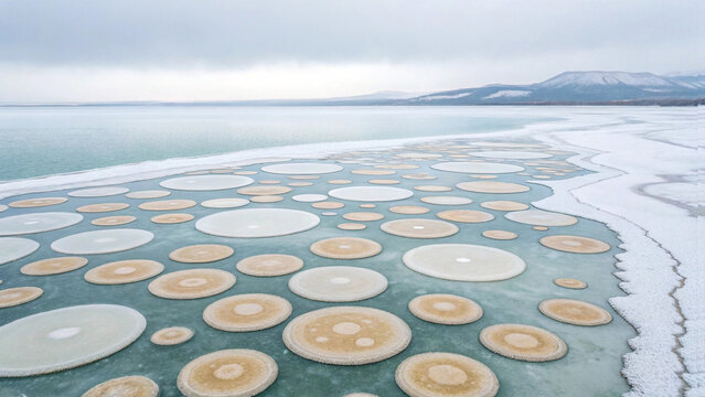 Aerial View of Frozen Lake with Numerous Circular Ice Formations Pale Beige and White Circles on Teal Ice