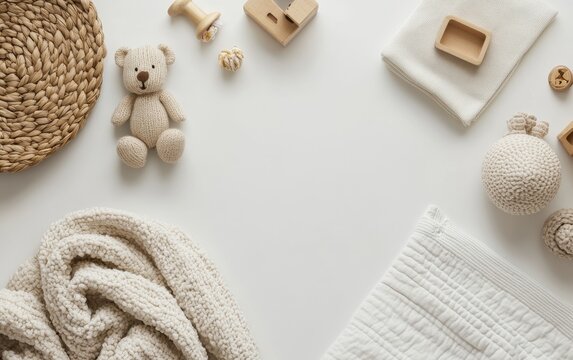 Soft, neutral-toned baby items arranged on a white background create a calming, minimalist nursery scene - Powered by Adobe