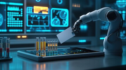 Automating the future A robotic arm delicately handles data amidst a lab environment with blue
