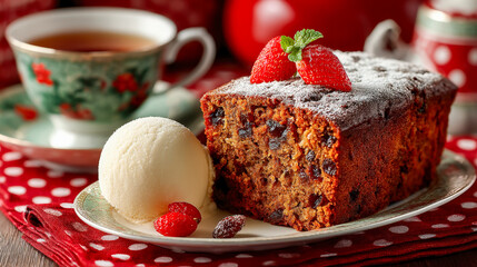 Chocolate chip fruitcake with strawberries and vanilla ice cream on a festive red polka dot table