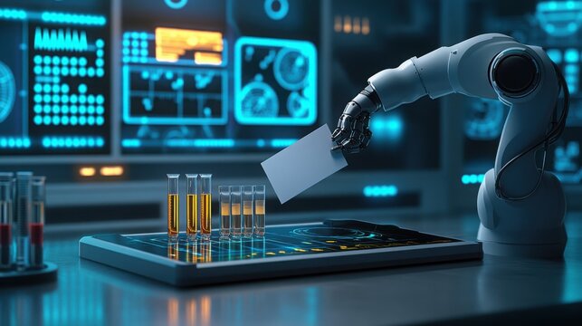 Automating the future A robotic arm delicately handles data amidst a lab environment with blue