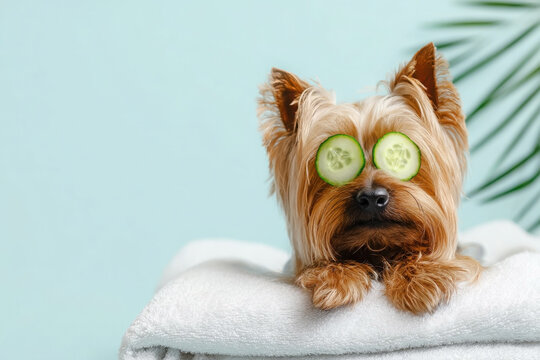 Yorkie terrier enjoying a spa day with cucumber slices for relaxation and pampering in serene setting. concept of spa salon, relaxation, gift certificate, detox