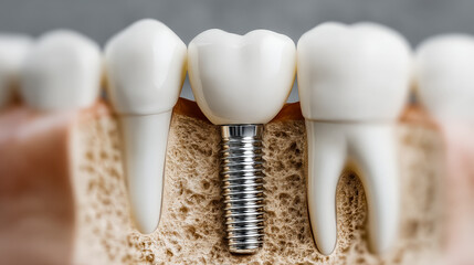 Close-up of a dental implant with surrounding teeth and gum tissue