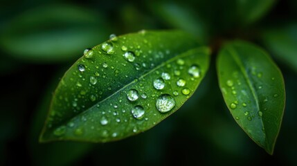 Fototapeta premium Close-up view of vibrant green leaves with shimmering water droplets on their surface, captured in a peaceful garden. Morning light enhances the freshness and beauty of nature