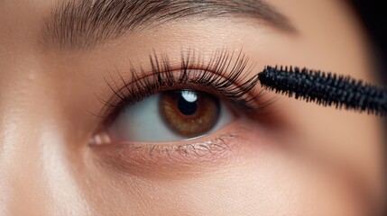 Carefully applying mascara to the eyelashes highlights the eye's beauty and the makeup technique involved. The focus is on the application process and the detail of the eyelashes