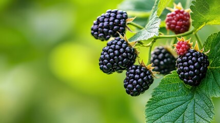 Close-up of blackberries and leaves on a branch.