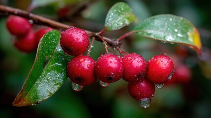 Obraz premium Clusters of vibrant red berries hang from a green branch, glistening with water droplets after a rain shower in a dense forest. Nature's beauty is captured in this intimate moment