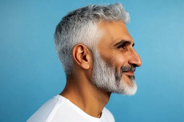 Obraz premium A happy man in a studio photo. Blue solid background. Concept picture pattern of style for aging men. Fashionable men's undercut haircut - midlife middle eastern man with middle hair.