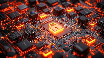 Close-up of a computer motherboard with illuminated security lock icon and circuit components