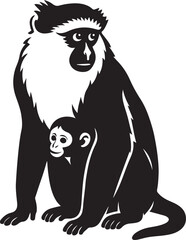 Mother and baby monkey silhouette scene, Wildlife parenting black and white sketch